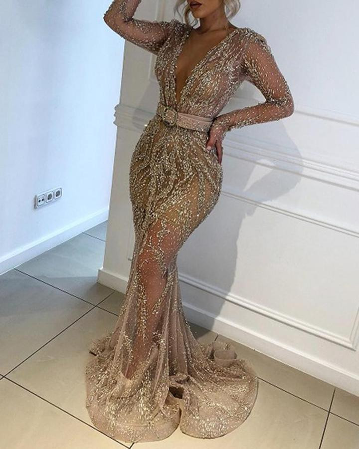 Gold Deep V-Neck Sheath Ruched Gala Dress With Cap Sleeves main image 1