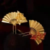 Chinese Style Folding Fan Hair Pin Hanfu Floral U-shaped Hair Fork Vintage Bridal Hair Accessory