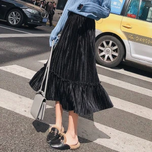 [Contains lining] [original fabric] Velvet pleated skirt women in autumn and winter long high-waisted aural skirt tail