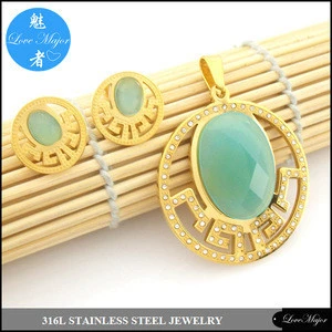 18k Gold Plated Stainless Steel Jewelry Sets Green Jade Imitation Pendant and Stud Earrings