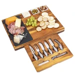 19pcs Cheese Board And Knife Set Wedding_Holiday Gift Platter Or House Warming Present Acacia Wood Slate Serving Tray