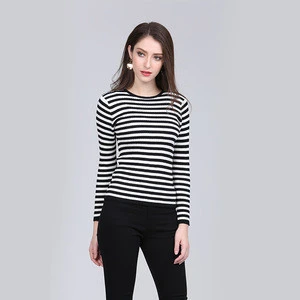 2018 new design o-neck stripe long sleeve tight knitwear sweater for women
