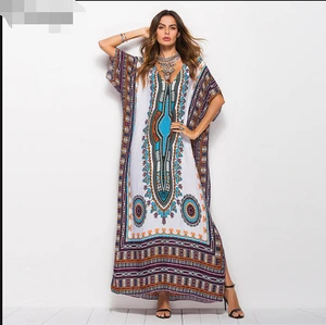 2019 Hot selling Womens White Ethnic Print Kaftan Maxi Dress Summer Beach Dress free size