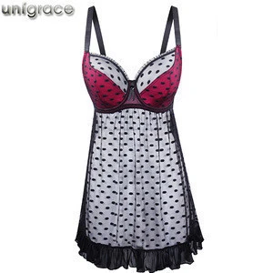 2019 Sexy Lady Transparency Dot Mesh Plus Size Babydoll Lace Sleeveless Nightgown Wire Bra to FF Cup Large Size Lingerie