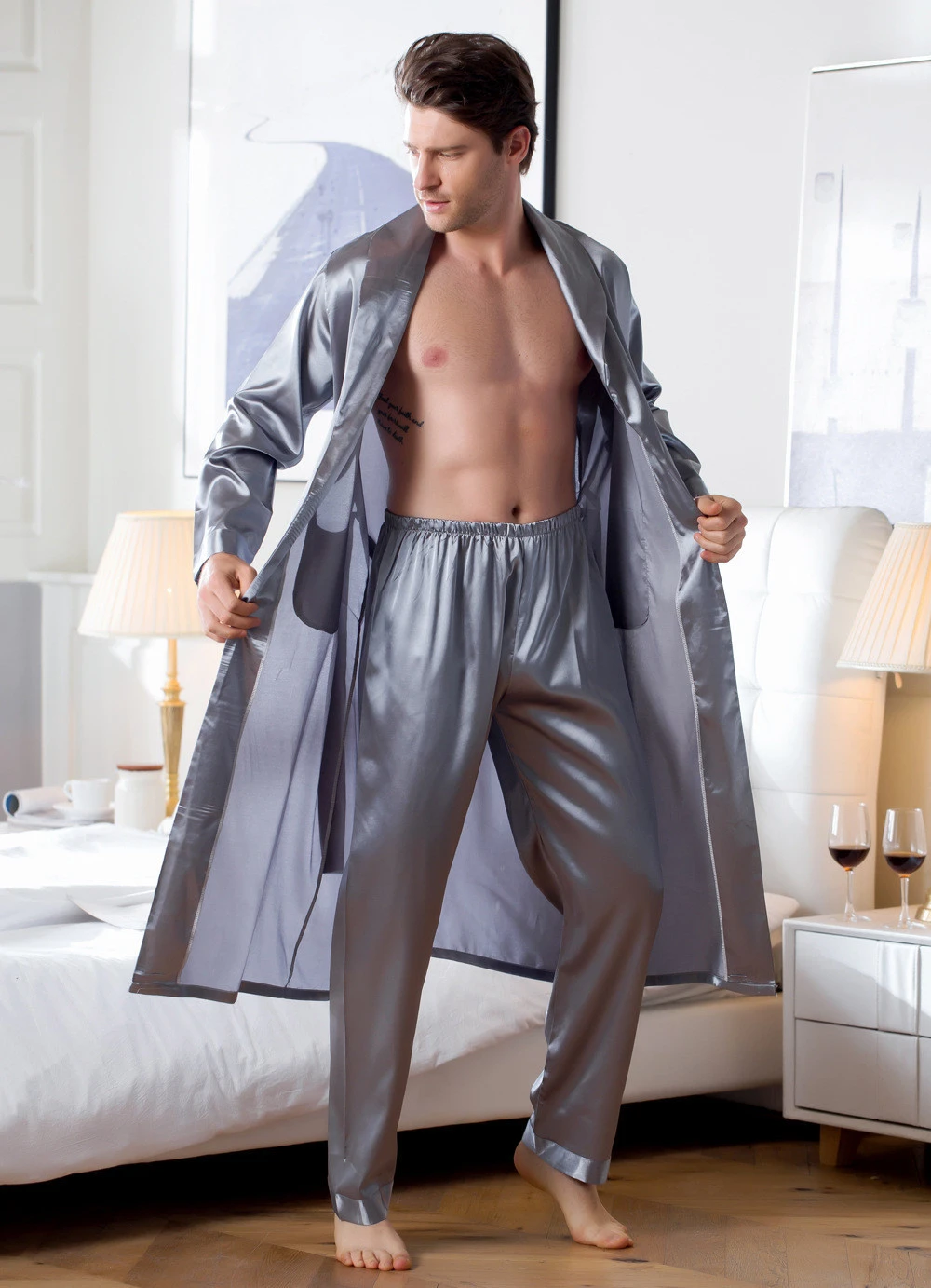 2020 spring and autumn satin comfortable cardigan bathrobe sleepwear silk like Mens long sleeve Pajama set