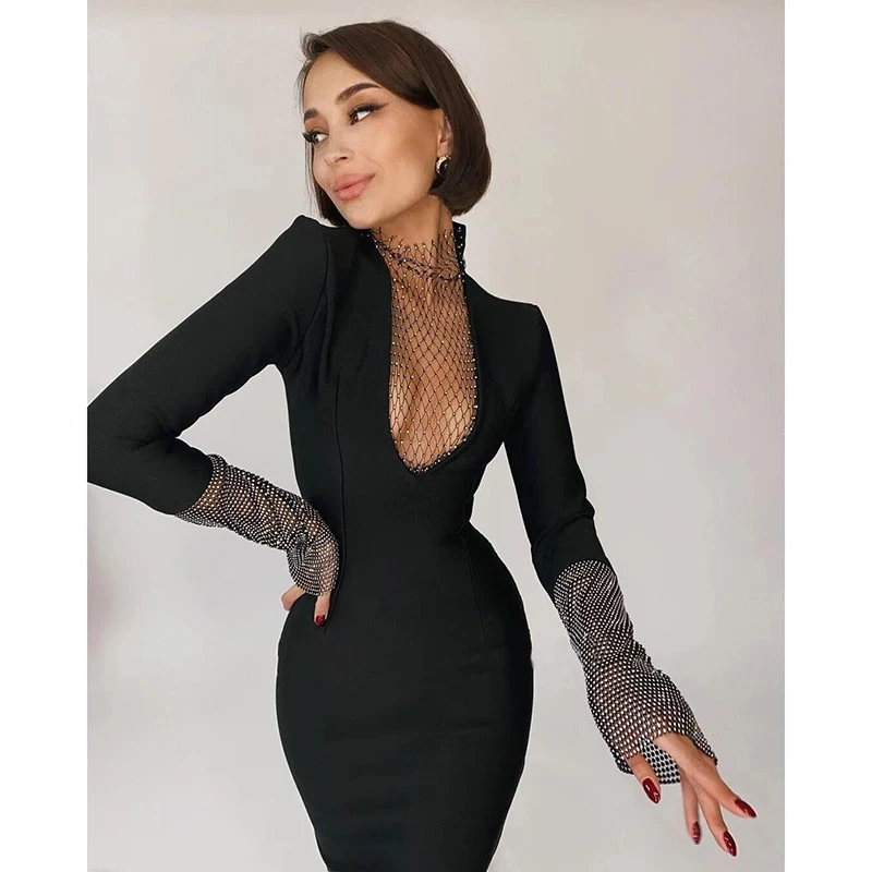 2021 New Style Fashion  Diamond  Black Dress Women Bodycon Bandage Dress