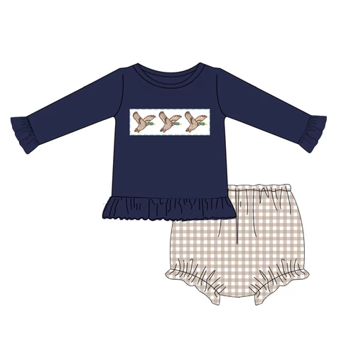 2022 Puresun design spring fall girls boutique clothing sets duck embroidery cotton kid baby girl set