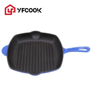 28cm blue enamel cast iron fry and grill pan skillet cast iron cookware set non-stick enamel coating customize griddle pan