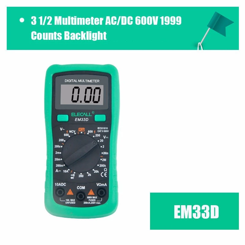Buy 3 1/2 Multimeter Em33d Ac/dc 600v 1999 Counts Backlight Data Hold ...