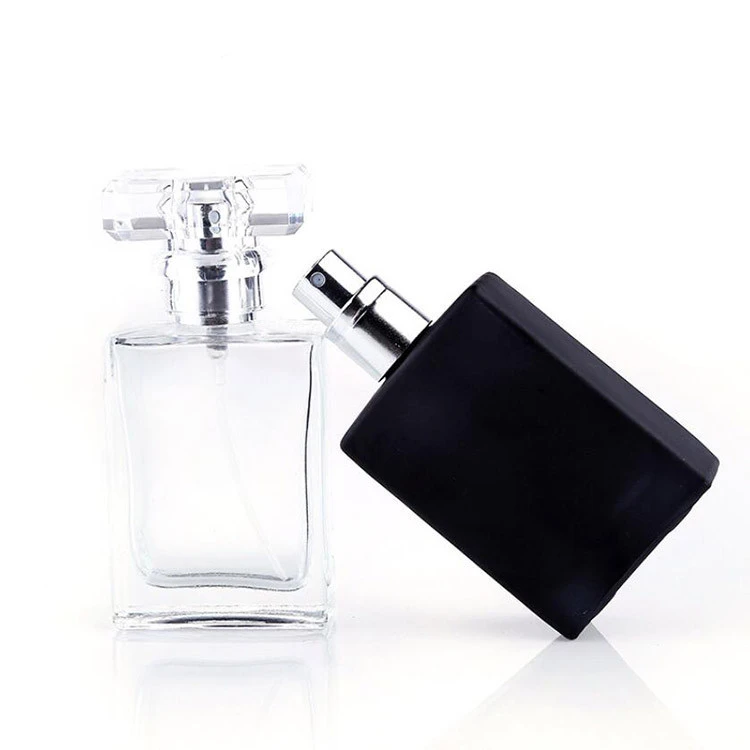 30ml squared clear matte black glass perfume bottle pump sprayer with crimp cap