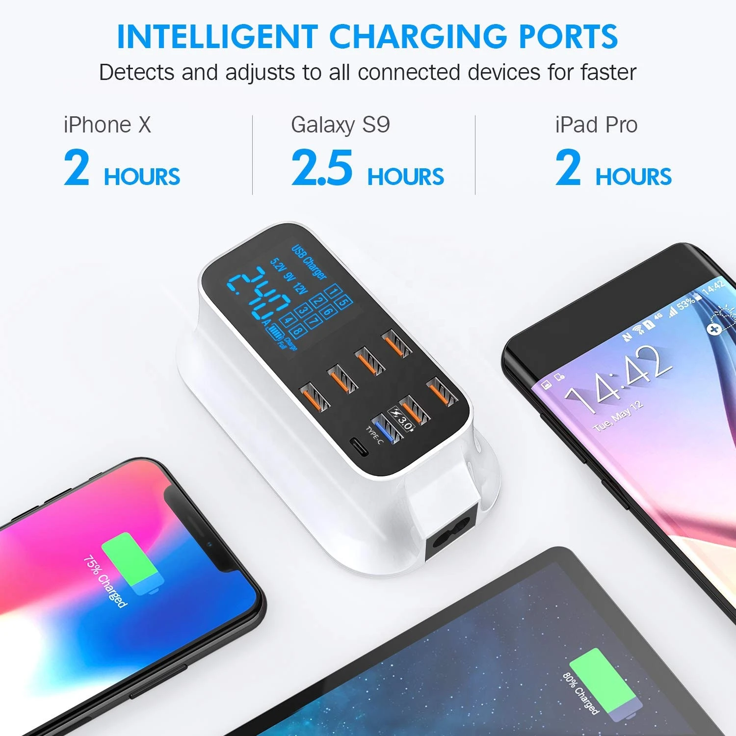 40W Smart Quick Charge 3.0 Multi USB Charger Station Fast Charging Power Adapter Desktop Mobile Phone USB Charger