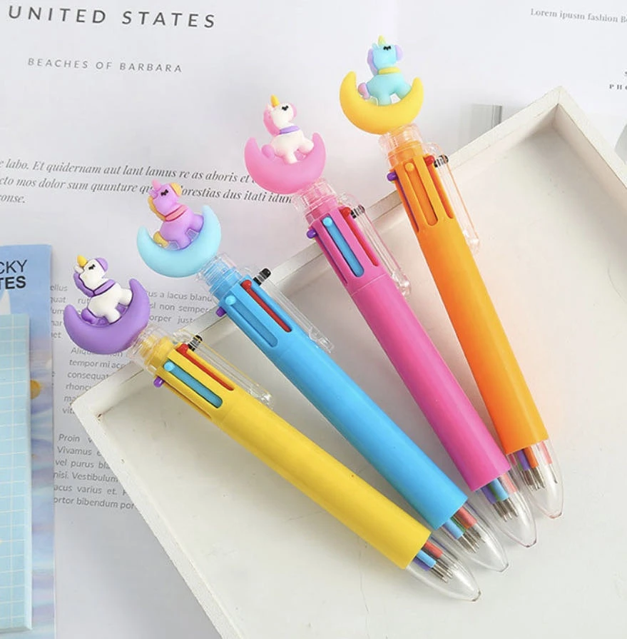 6 colors ball point pen roller pen unicorn pen rubber top