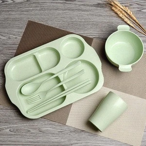 6PCS/Set Wheat Straw Tableware Set Unbreakable Children Dinnerware Set Comes with Plate Bowl Cup Spoon Fork Chopsticks