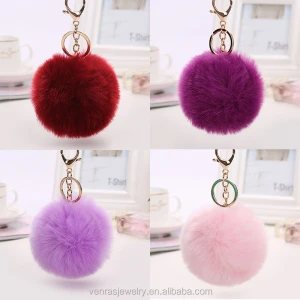 8cm furry puff ball faux rabbit pink fur ball pom pom keychain charm accessories sets plush carabiner souvenir china keychain