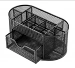 9 Compartments Black Metal Mesh Desk Organizer With Drawer