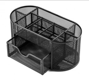 9 Compartments Black Metal Mesh Desk Organizer With Drawer