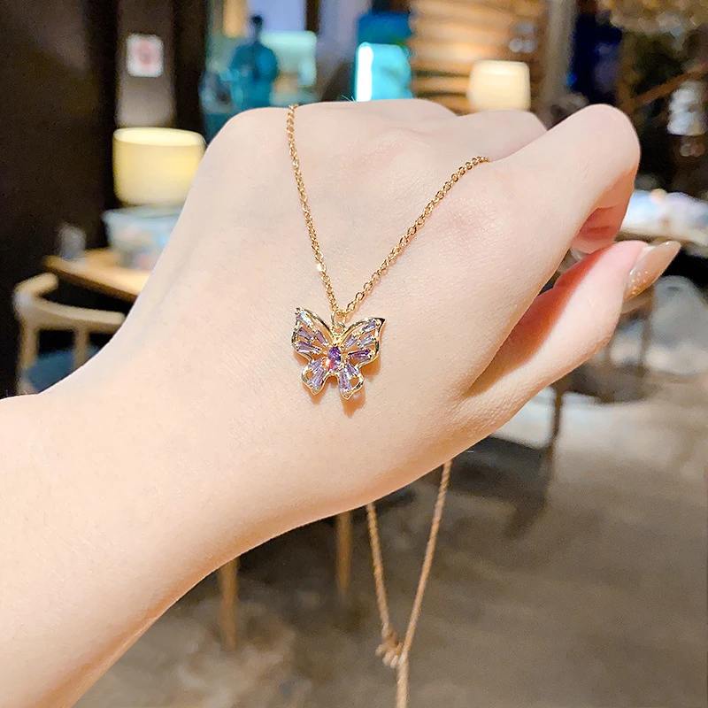 Amazon Hot Butterfly Purple Necklace Delicate Zircon Stainless Steel Necklace Pendant Necklace For Woman
