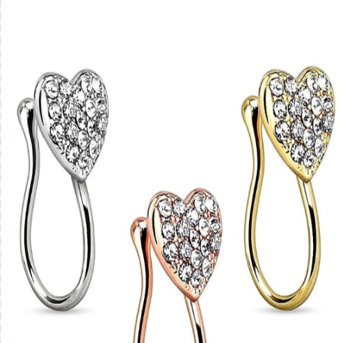 Amazon Hot Sale Stainless Steel Gold Plated Crystal Rhinestone Heart Shape Nose Ring CZ Heart Nose Stud Pave CZ Heart Nose Clip