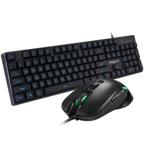 AULA 2203+9018 LED backlight usb wired gaming keyboard mouse combos with black & mixed light