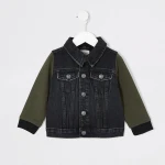 Baby boys black warm denim jacket with jersey hood kids block color bomber jacket