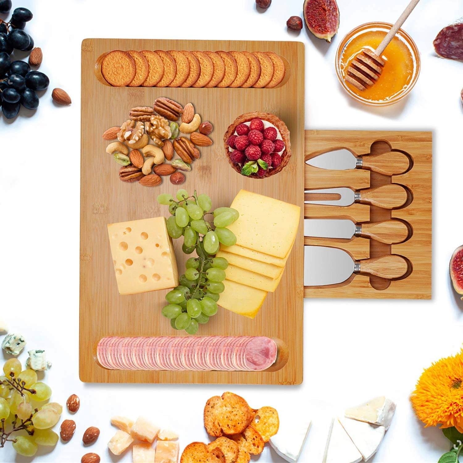 Bamboo Cheese Board Set with Drawer  Charcuterie Tray Platter Including 4 Stainless Steel Knife and Serving Utensils