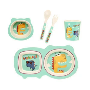 Bamboo fiber childrens tableware new plate 5 piece set baby cartoon rice bowl spoon fork cup set