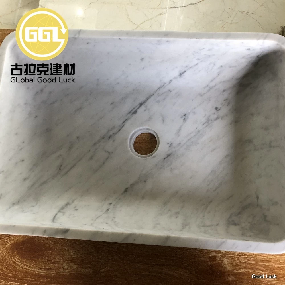 Bathroom Vessel Sink Square Washbasin Faucet ,Carrara White Marble Sink ,Above Counter Wash Basin