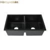 Black Square Quartz Composite Granite Stone Kit Double Bowl Kitchen Sink With Draining Board