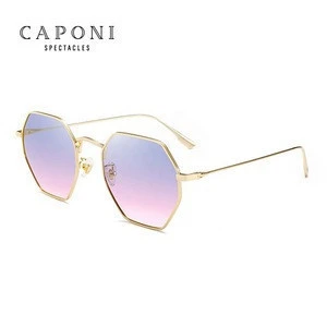 CAPONI New Polygon Yellow Sunglasses Women Retro Round Brand Designer Metal Sun Glasses Luxury Ladies Hexagon Sunglasses CP915