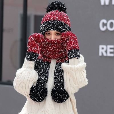 Casual 3Pcs Women Winter Warm Knitted Venonat Beanie Scarf Hat Gloves Set Scarf Glove
