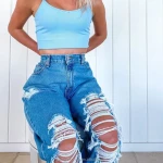 Casual Blue Hole High Waist big hole slim Ripped distressing with Pattern Ankle-length Pants Womens Jeans