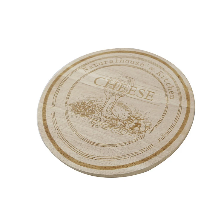 Cheap Price Round Engraved Rubber Wood Pizza Cheese Bread Cutting Board with Juice Groove