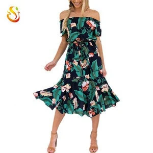 China factory price custom boho women one shoulder leaf printing casual beach dress wedding long skirts garment