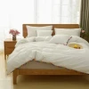 Cotton Duvet Cover Set In White With 5 Color Pom Pom Bedding Stonewashed Natural Quilt Cover With 2 Matching Pillow Case Button