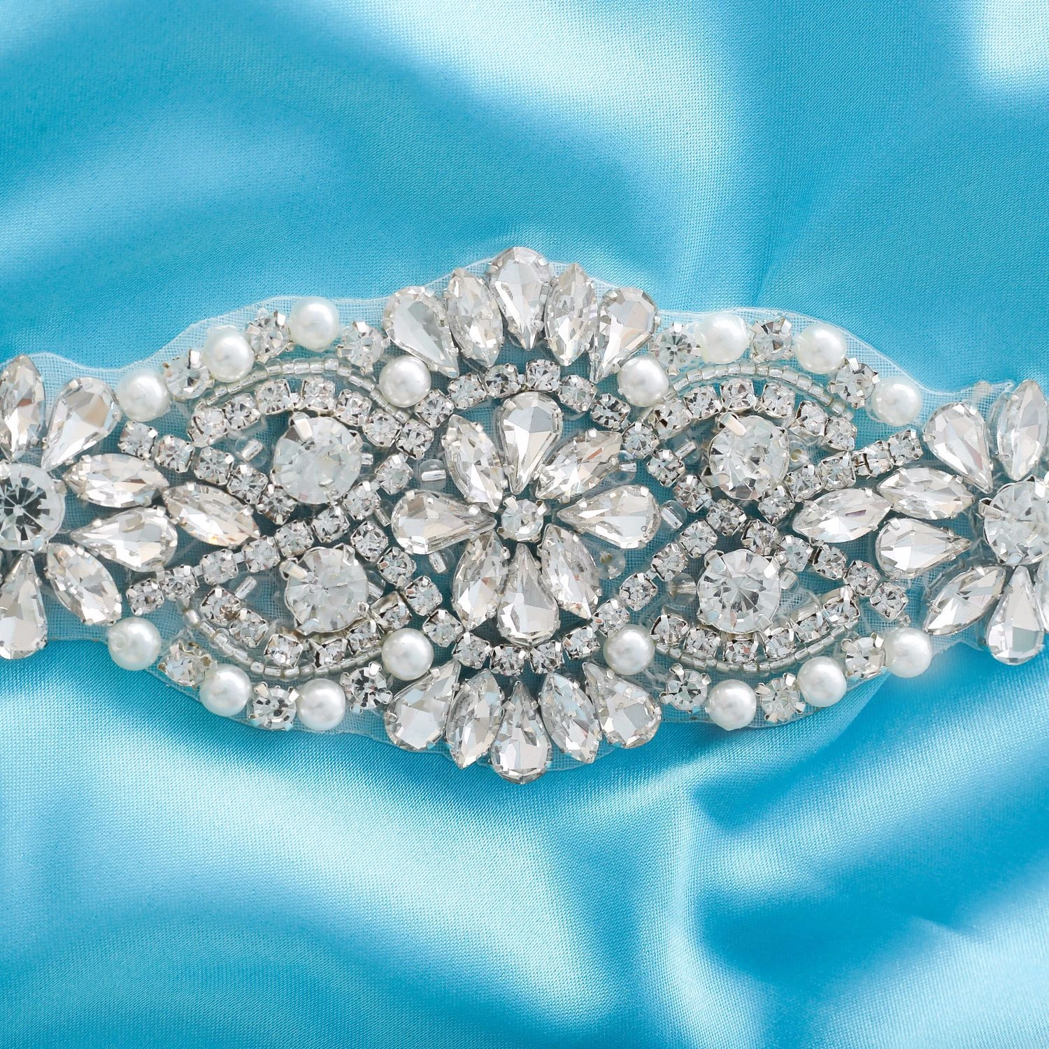 Crystal bridal beaded rhinestone pearl applique Handmade patch Motif for Wedding Dresses