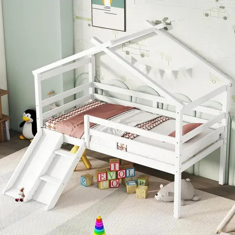 Custom full size log cabin bed with sliding childrens bed house themed playhouse bed for childrens bedroom