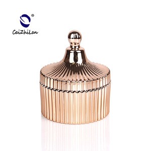 Custom Wholesale Haonai Stripe Candle Glass Jar Glass Candle Holder,Candle Container,Candle Jars with Wooden Lids