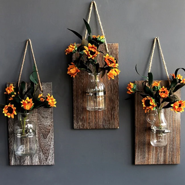 Decorative Mason Jar Wooden Wall Decor - Rustic Wall Sconces with Flowers - Farmhouse Home Decor (Set of 3)