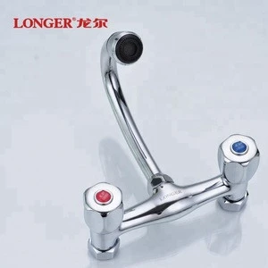 Dual Handle Long Neck Wall Mount Kitchen Faucet with Spray
