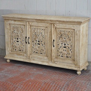 Ethnic Solid Wood Three Doors Carved Buffet Sideboard lacquered distressed finish
