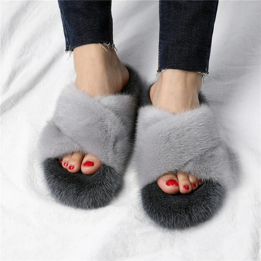European Station 100% Mink Fur Fashion Slippers Ladies Real Fur Slides Luxury Women Real Mink Fur Slipper