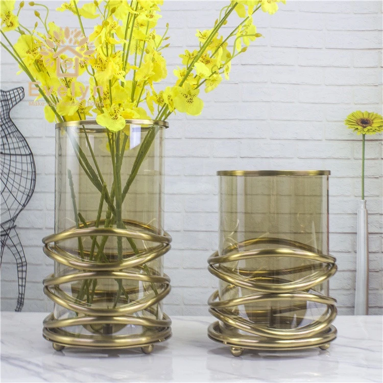 Factory best selling glass cylinder vase with metal base for decorative flower
