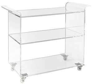 Factory Custom Clear 3-Tier Lucite Rolling Drinks Trolley Acrylic Bar Cart on Wheels for Hotel Serving