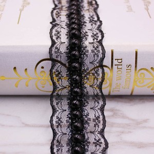 fancy french style 4cm border thin black white sewing lace trim with pearl