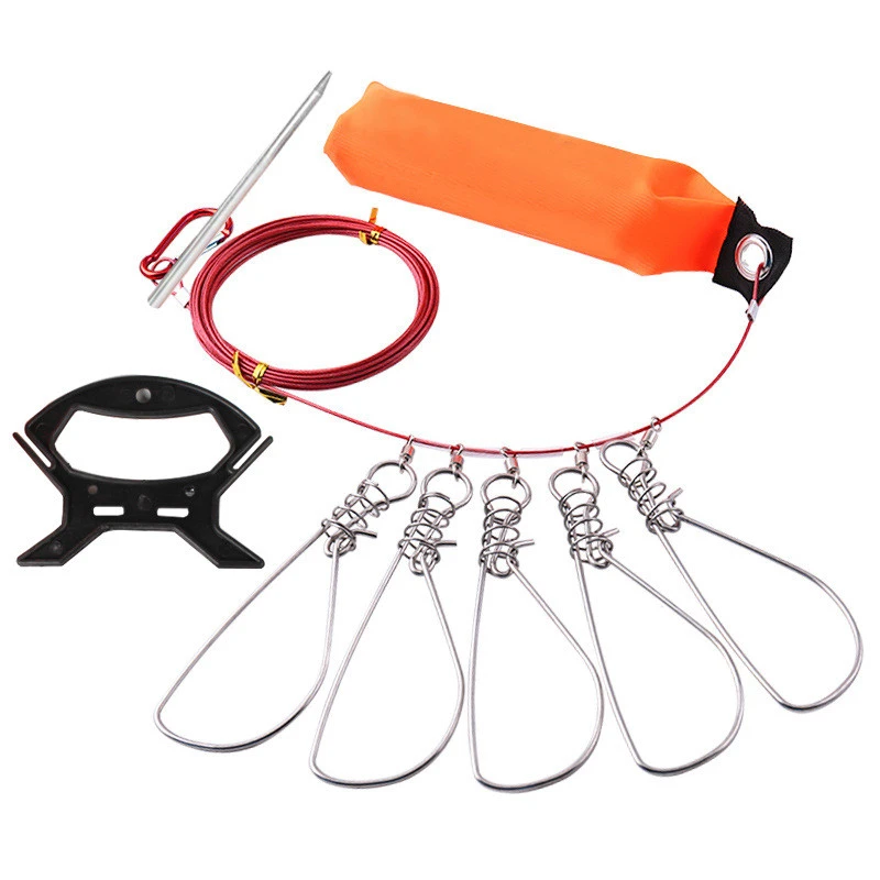 Fishing Tackle Stringer Clip Fish Lock Stainless Steel Rope Fish Lock with Float 5 Metal Snaps