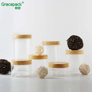 Food Grade Ice Cream Wide Mouthed Jar with aluminum cap, PET Jars With Bamboo wooden Printing PP lid,Clear Plastic Jar