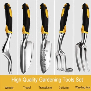 GIRUI Ergonomic Garden Tool Set for Gardener - 5 PCS (Trowel, Transplanter, Cultivator, Weeder, Weeding Fork)