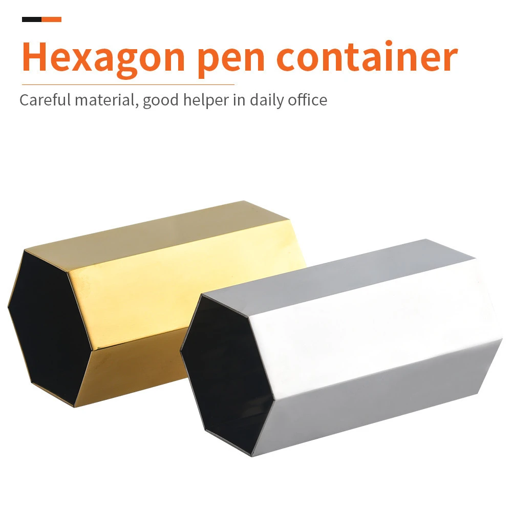 Gold Color Metal Stainless Steel Personalized Hexagonal Office Desk Pen Pencil Holder Makeup Brush Holder Organizer
