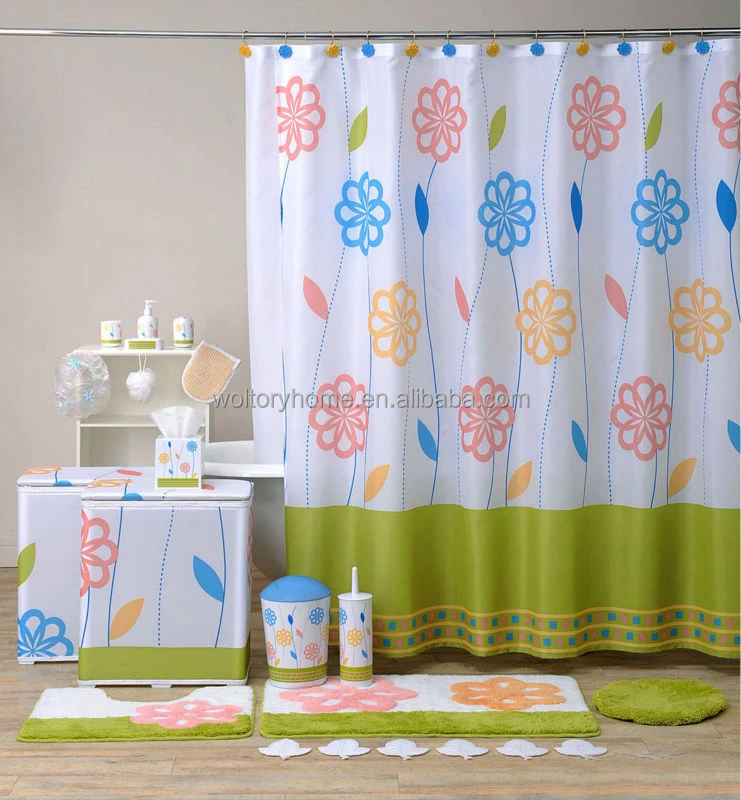Green flower coordinate Bath set, Hot sale China factory shower curtain/bathroom mat set/PS bath accessories set