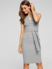 grey fabric women clothes sexy round neck sleeveless office career pencil dress with waist belt slim fitting